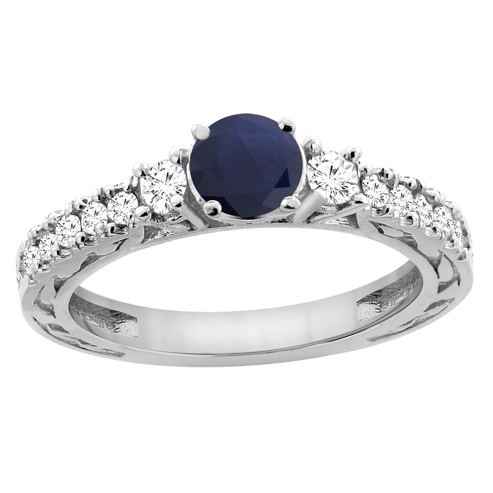 14K White Gold Natural High Quality Blue Sapphire Round 6mm Engraved Engagement Ring Diamond Accents, sizes 5 - 10