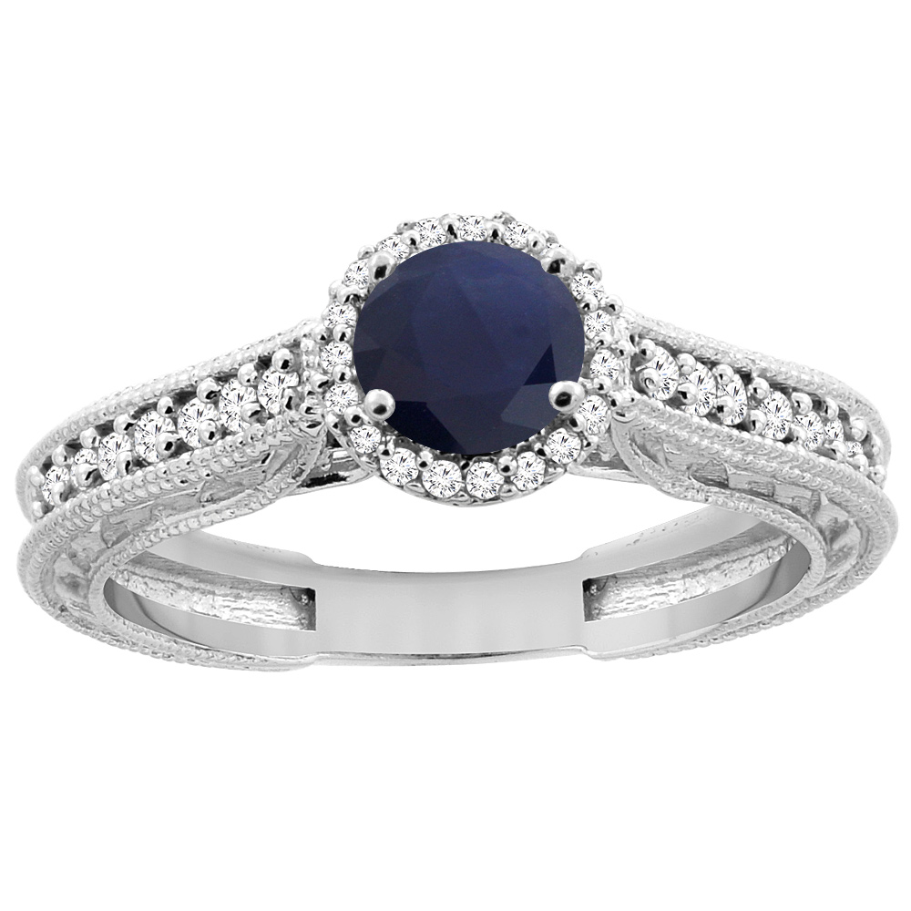14K White Gold Natural High Quality Blue Sapphire Round 5mm Engraved Engagement Ring Diamond Accents, sizes 5 - 10