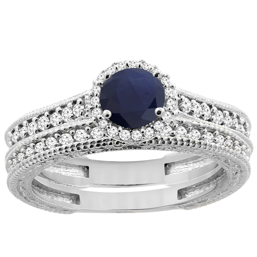 14K White Gold Natural High Quality Blue Sapphire Round 5mm Engagement Ring 2-piece Set Diamond Accents, sizes 5 - 10