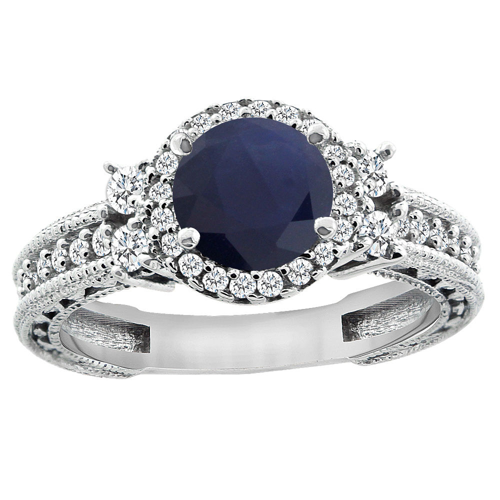 14K White Gold Diamond Halo Natural Quality Blue Sapphire Engagement Ring Round 6mm, size 5 - 10