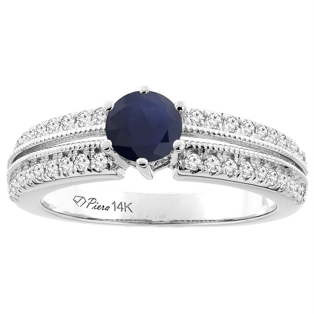 14K White Gold Diamond Natural Quality Blue Sapphire Engagement Ring Round 6 mm, size 5-10