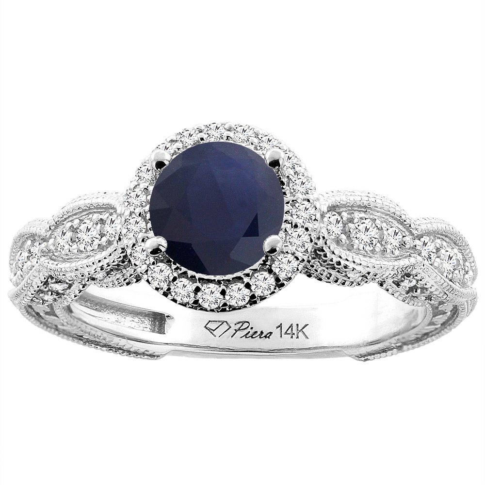 14K White Gold Natural Quality Blue Sapphire &amp; Diamond Halo Engagement Ring Round 6 mm, size 5-10