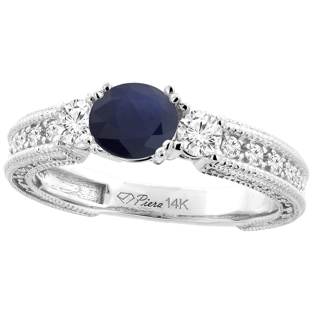 14K White Gold Diamond Natural Quality Blue Sapphire Engagement Ring Round 6 mm, size 5-10