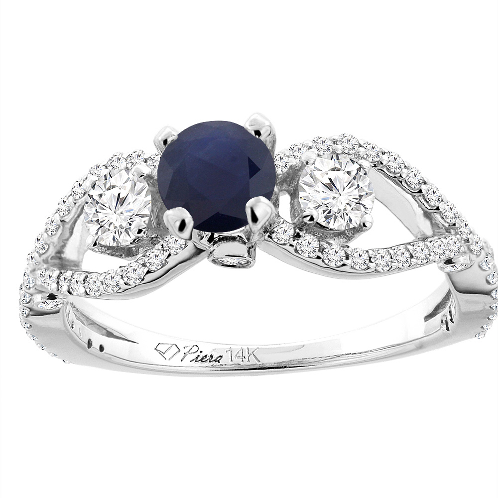 14K White Gold Diamond Natural Quality Blue Sapphire Engagement Ring Round 6 mm, size 5-10