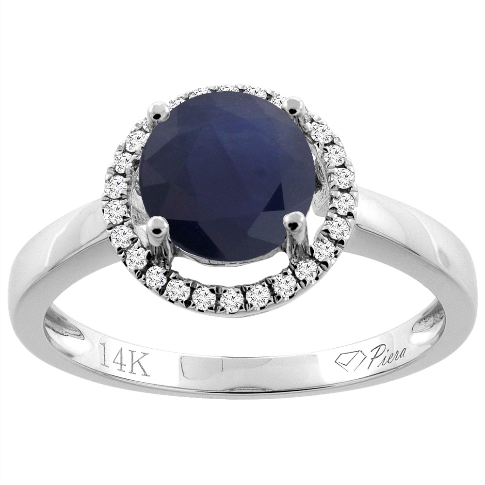 14K Gold Diamond Natural Quality Blue Sapphire Engagement Ring Round 7 mm, size 5 - 10