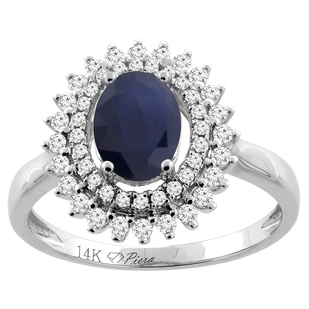 14K Gold Diamond Double Halo Natural Quality Blue Sapphire Engagement Ring Oval 8x6 mm, size 5 - 10