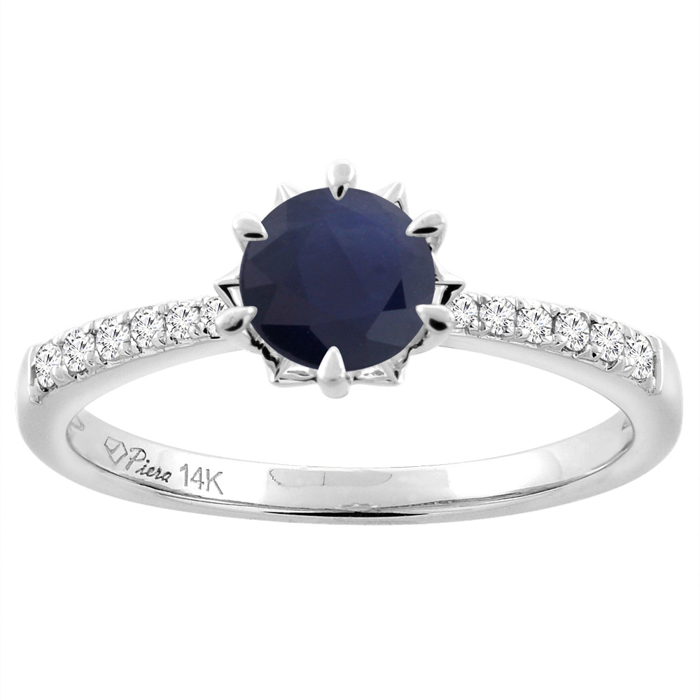 14K White Gold Diamond Natural Quality Blue Sapphire Engagement Ring Round 6 mm, size 5 - 10