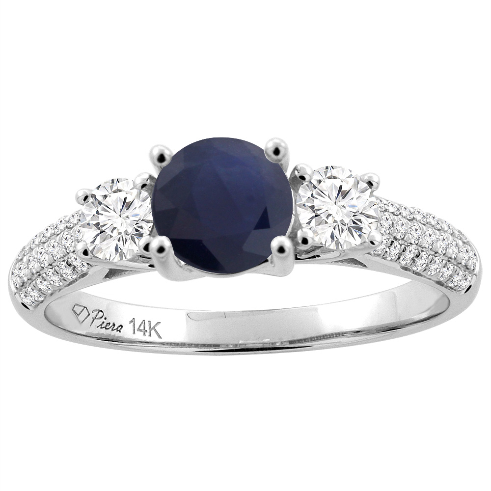 14K White Gold Diamond Natural Quality Blue Sapphire Engagement Ring Round 6 mm, size 5 - 10