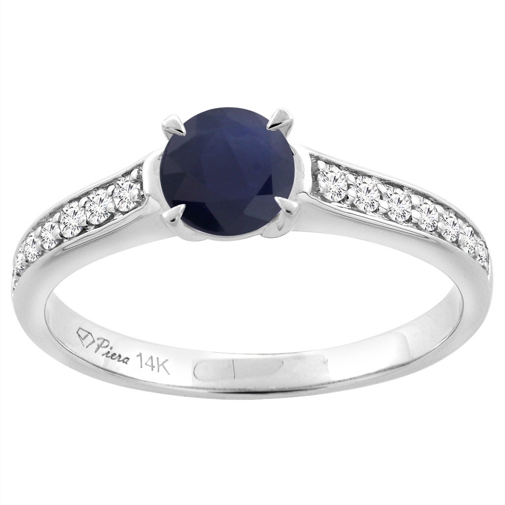 14K White Gold Diamond Natural Quality Blue Sapphire Engagement Ring Round 6 mm, size 5 - 10