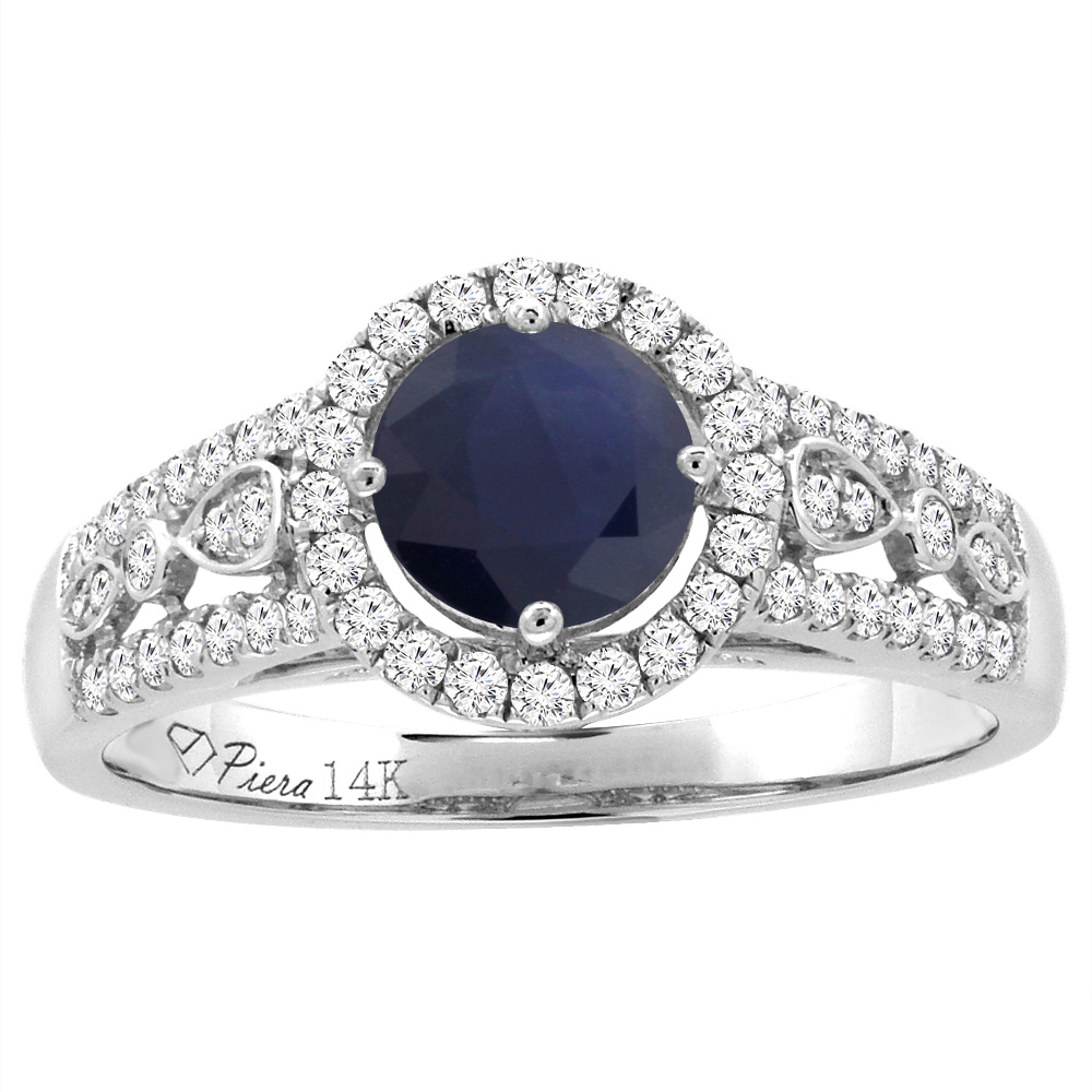 14K White Gold Diamond Natural Quality Blue Sapphire Engagement Ring Round 7 mm, size 5-10