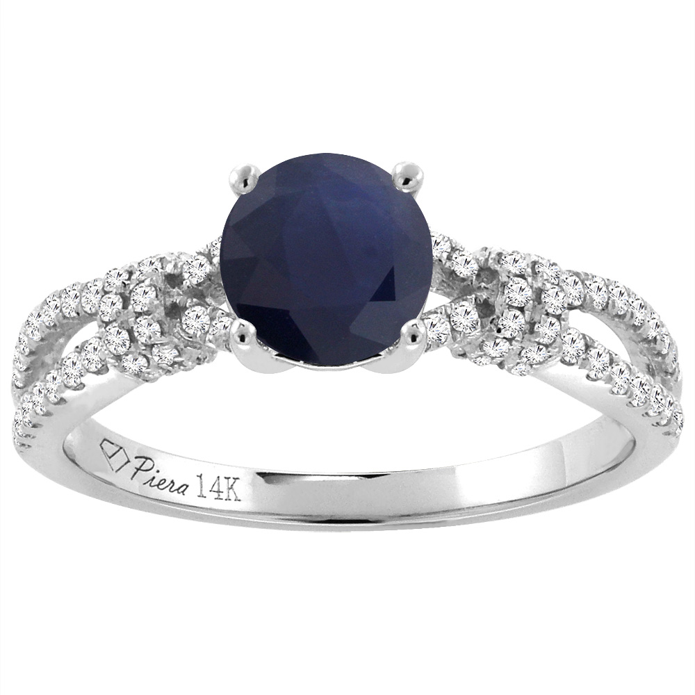 14K White Gold Diamond Natural Quality Blue Sapphire Engagement Ring Round 7 mm, size 5-10