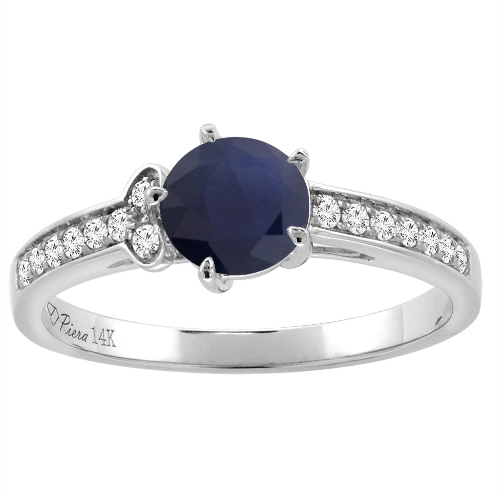 14K White Gold Diamond Natural Quality Blue Sapphire Engagement Ring Round 7 mm, size 5-10