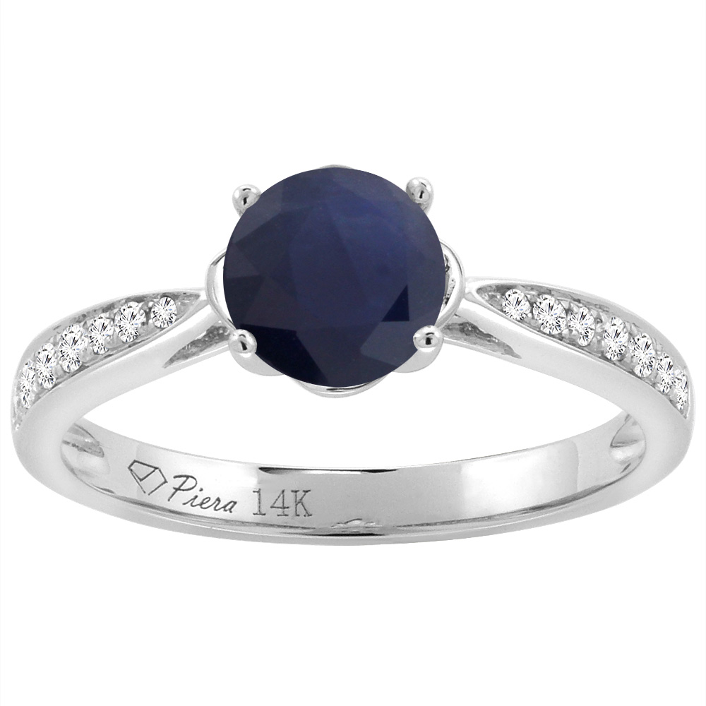 14K White Gold Diamond Natural Quality Blue Sapphire Engagement Ring Round 7 mm, size 5-10