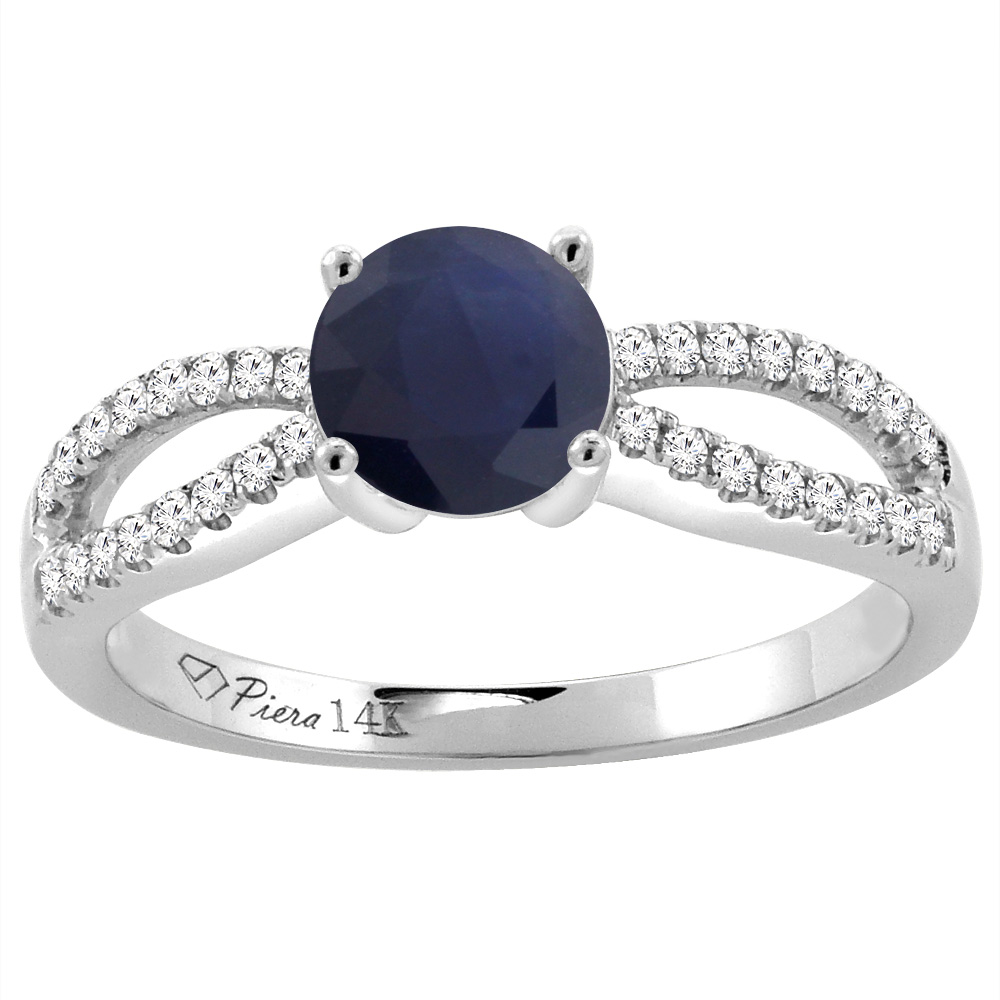 14K White Gold Diamond Natural Quality Blue Sapphire Engagement Ring Round 7 mm, size 5-10