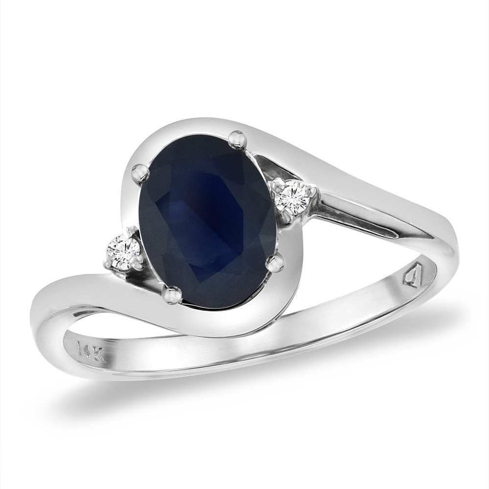 14K White Gold Diamond Natural Quality Blue Sapphire Bypass Engagement Ring Oval 8x6 mm, size 5 -10