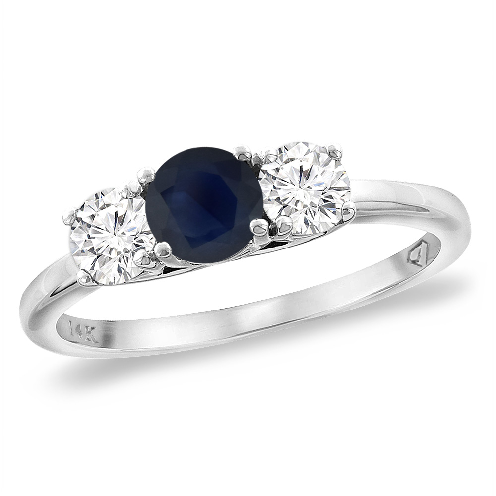 14K White Gold Diamond Natural Quality Blue Sapphire Engagement Ring Round 5mm, size 5 -10