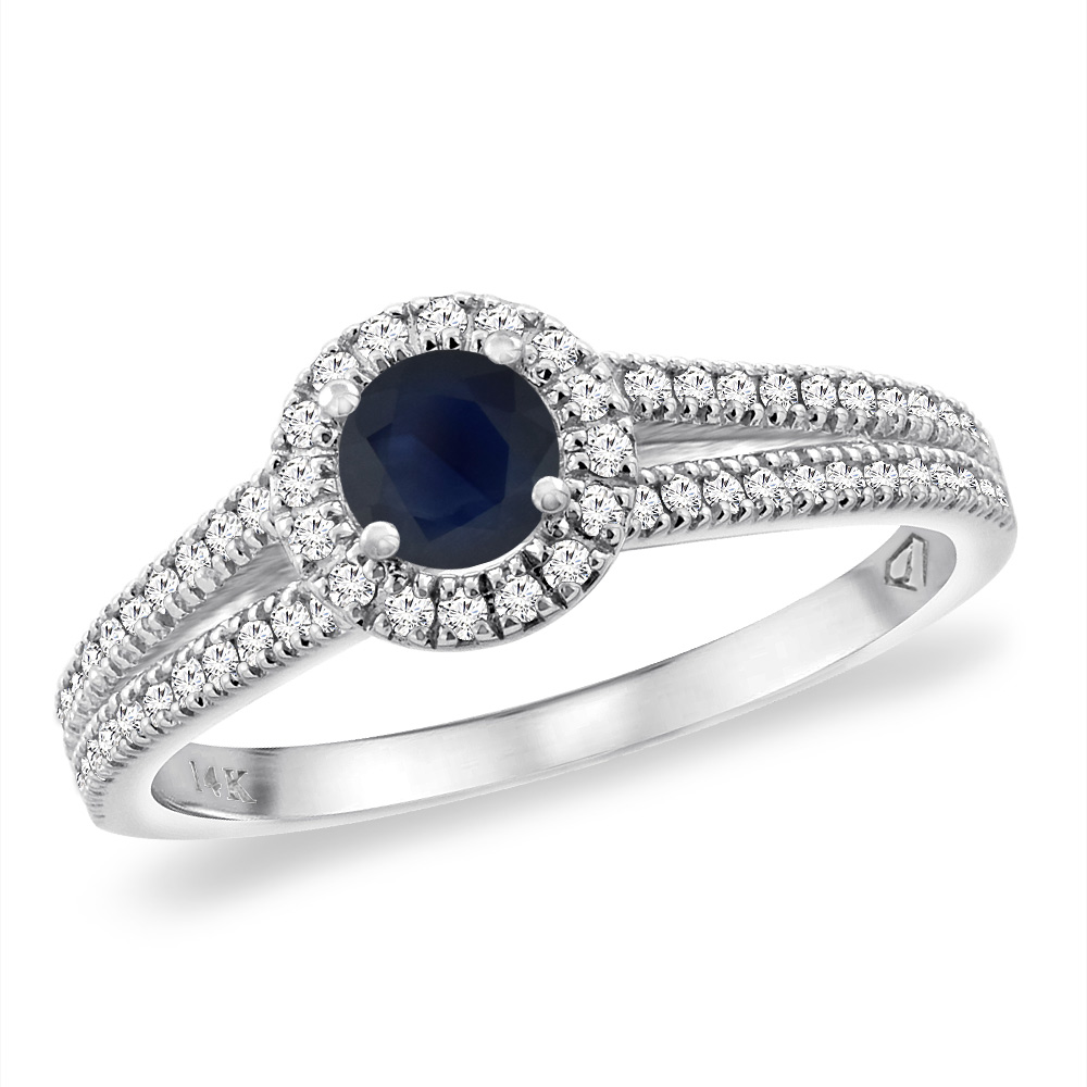 14K White Gold Diamond Halo Natural Quality Blue Sapphire Engagement Ring 4mm Round, size 5 -10
