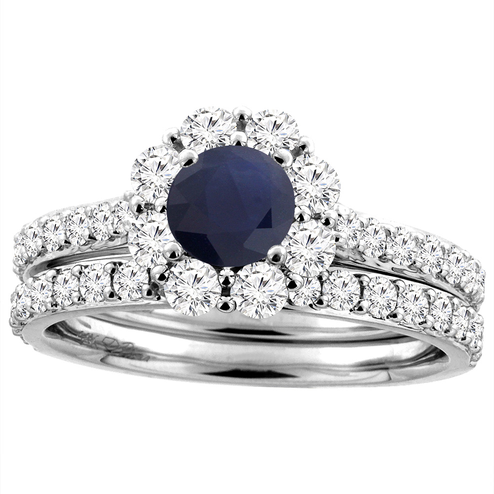 14K White Gold Diamond Halo Natural Quality Blue Sapphire Engagement Ring Set Round 5 mm, size 5-10