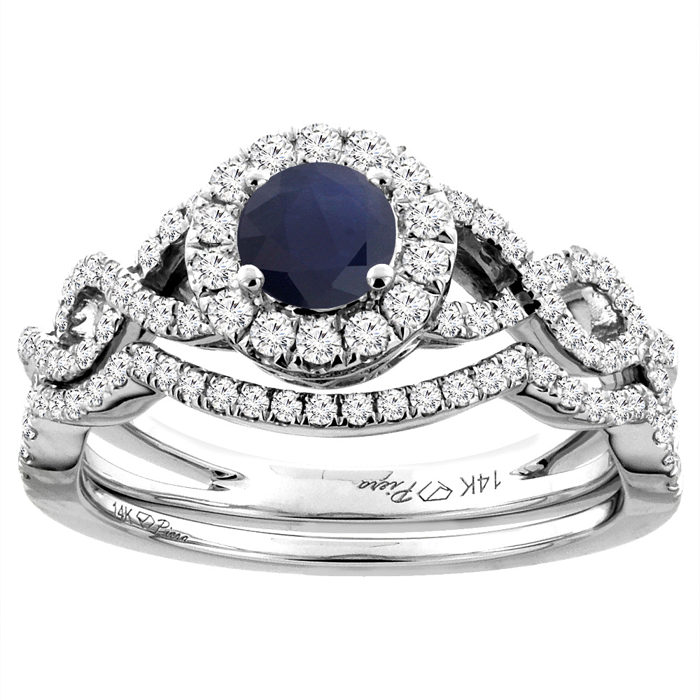 14K White Gold Diamond Halo Natural Quality Blue Sapphire Engagement Ring Set Round 5 mm, size 5-10