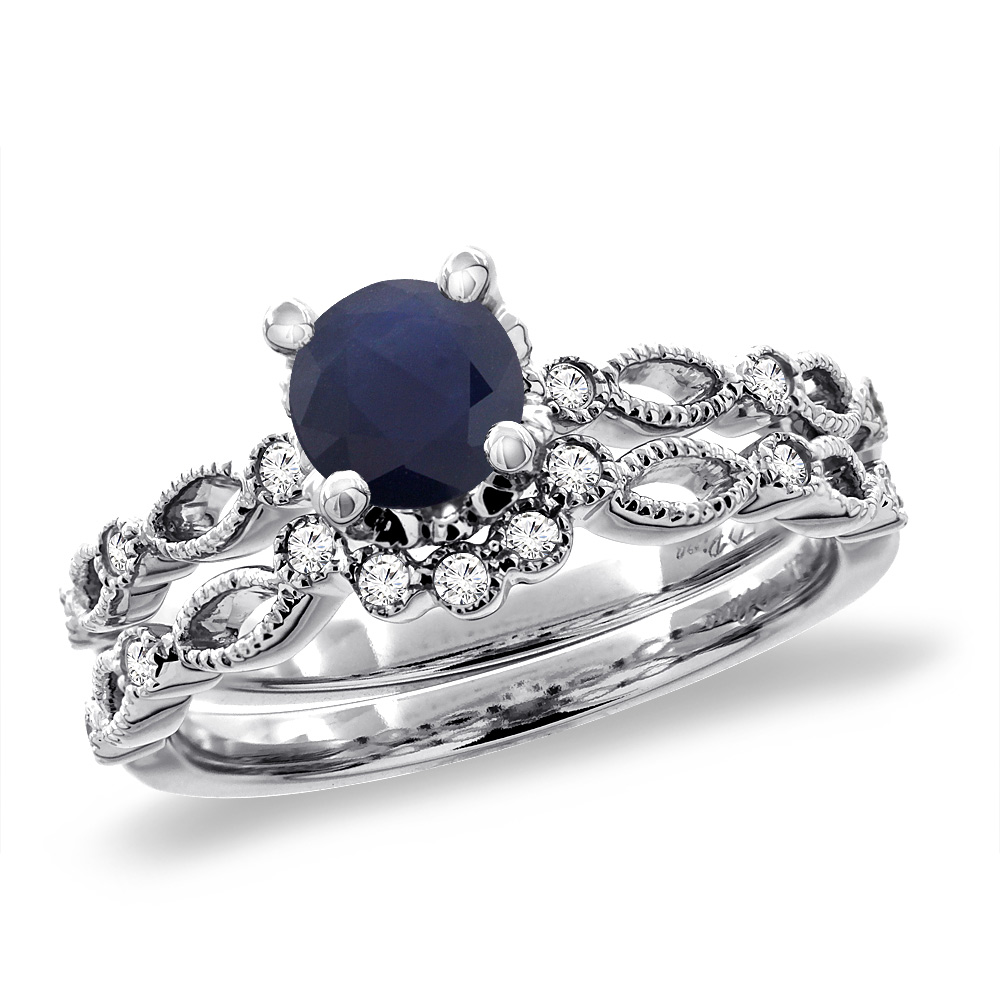 14K White Gold Diamond Natural Ruby 2pc Engagement Ring Set Round 5 mm, sizes 5 - 10