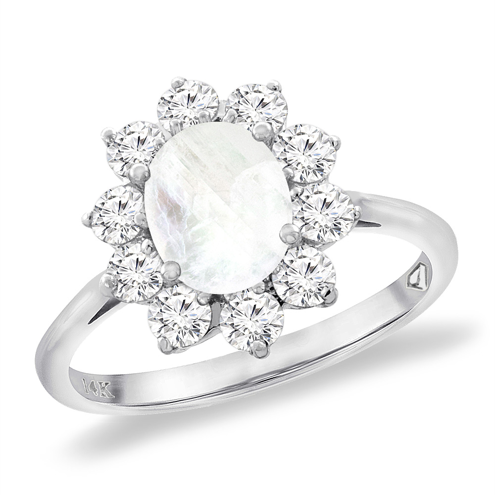 14K White Gold Diamond Natural Rainbow Moonstone Engagement Ring Oval 8x6 mm, sizes 5 -10