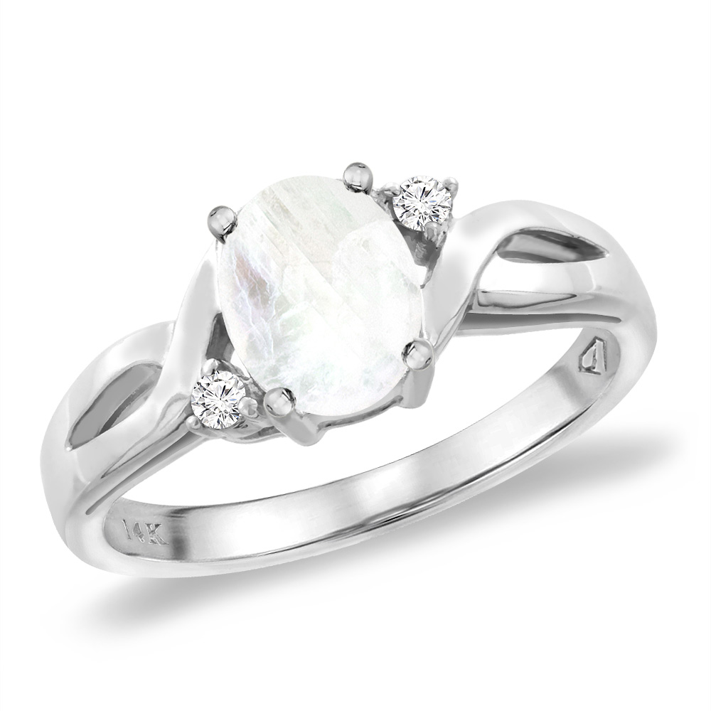 14K White Gold Diamond Natural Rainbow Moonstone Engagement Ring Oval 8x6 mm, sizes 5 -10