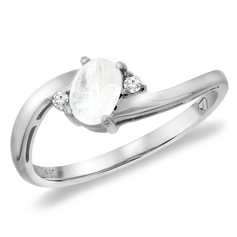14K White Gold Diamond Natural Rainbow Moonstone Bypass Engagement Ring Oval 6x4 mm, sizes 5 -10