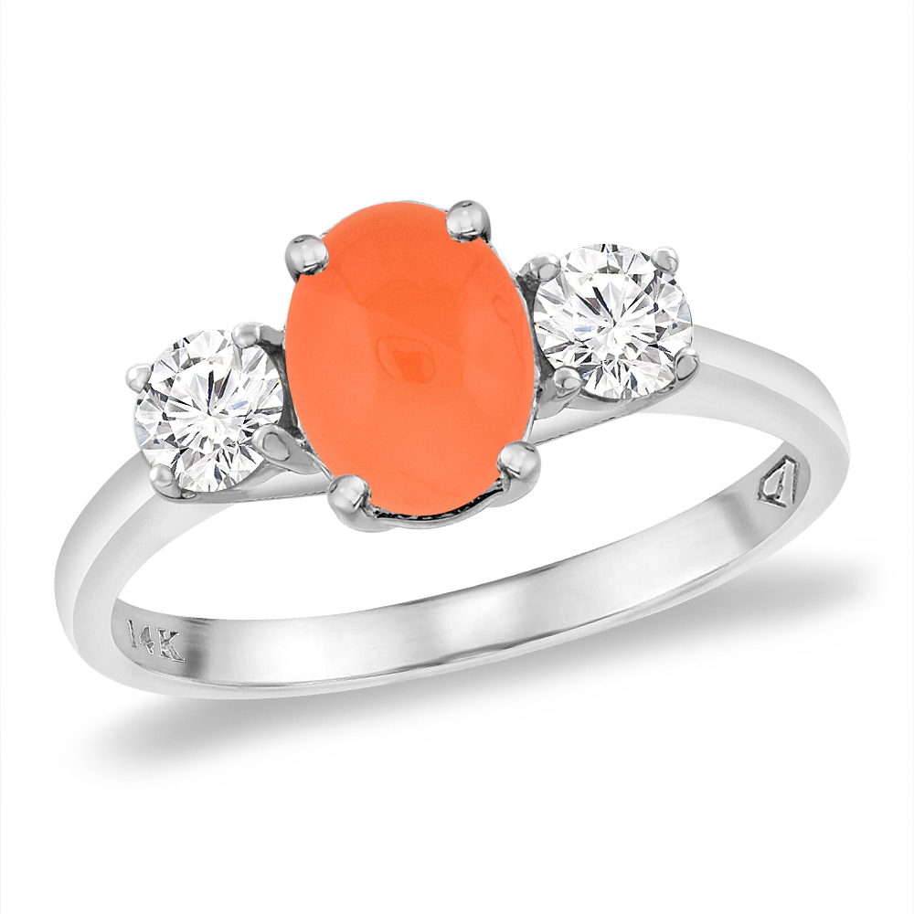 14K White Gold Natural Orange Moonstone &amp; 2pc. Diamond Engagement Ring Oval 8x6 mm, sizes 5 -10