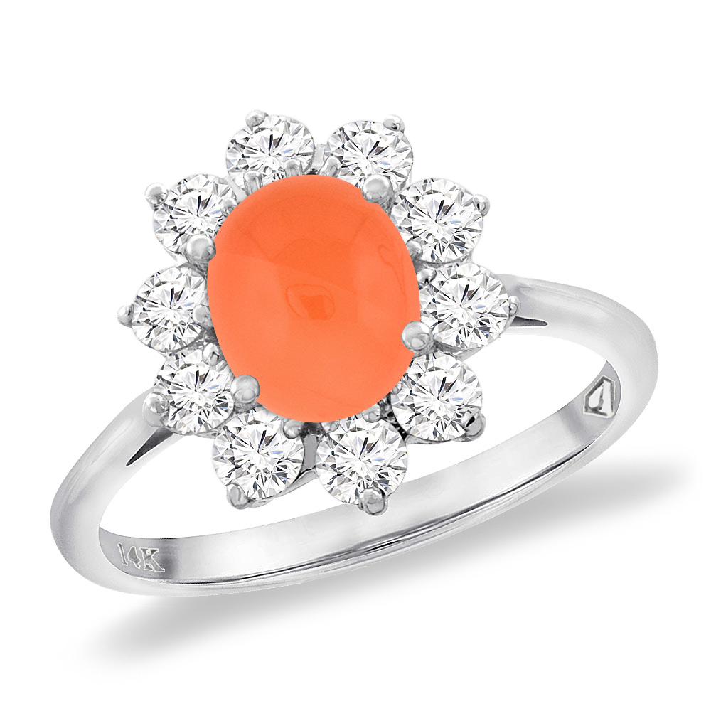 14K White Gold Diamond Natural Orange Moonstone Engagement Ring Oval 8x6 mm, sizes 5 -10