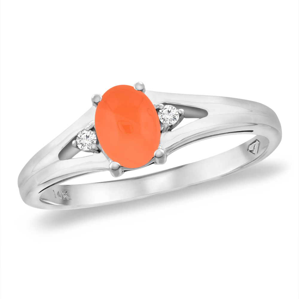 14K White Gold Diamond Natural Orange Moonstone Engagement Ring Oval 6x4 mm, sizes 5 -10