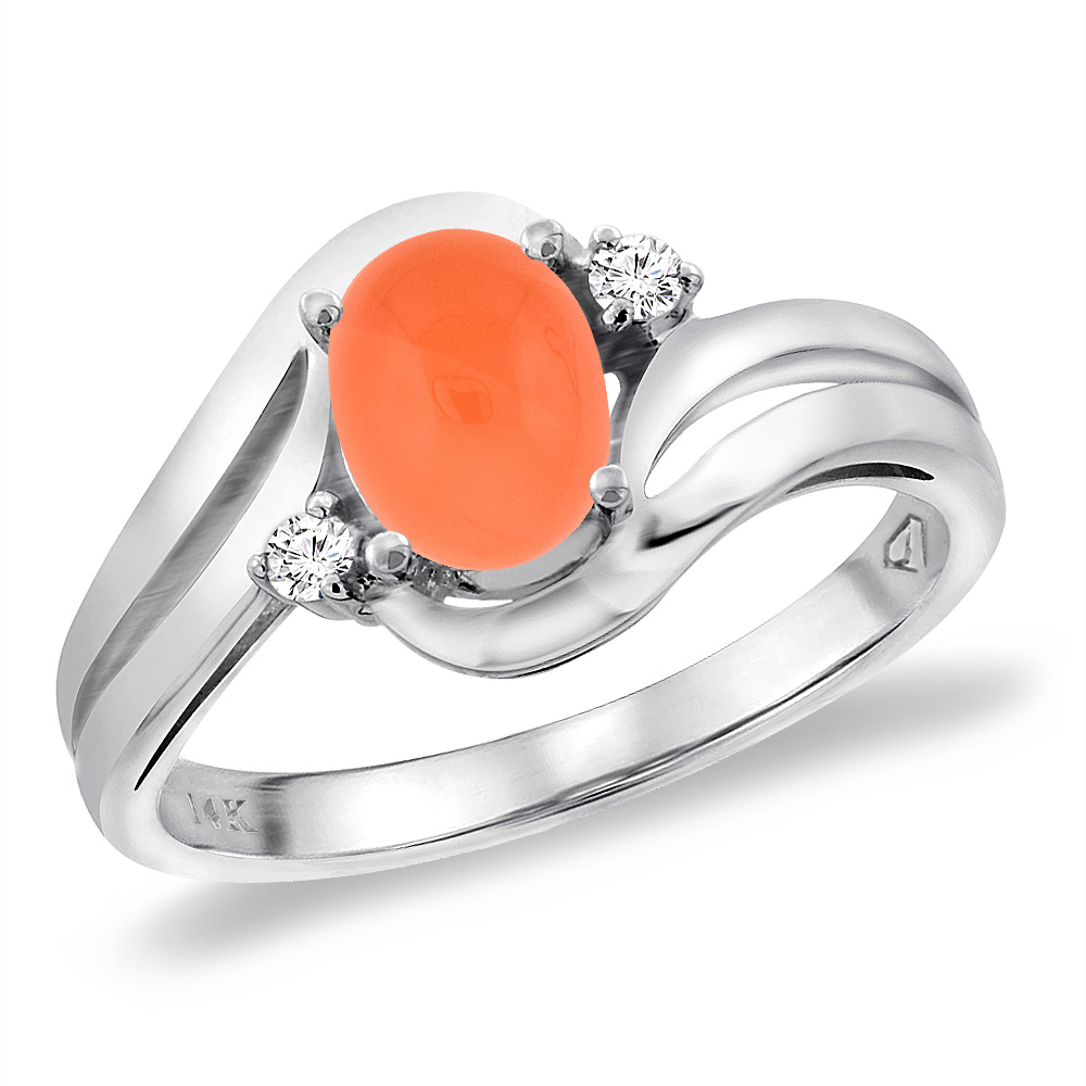 14K White Gold Diamond Natural Orange Moonstone Bypass Engagement Ring Oval 8x6 mm, sizes 5 -10
