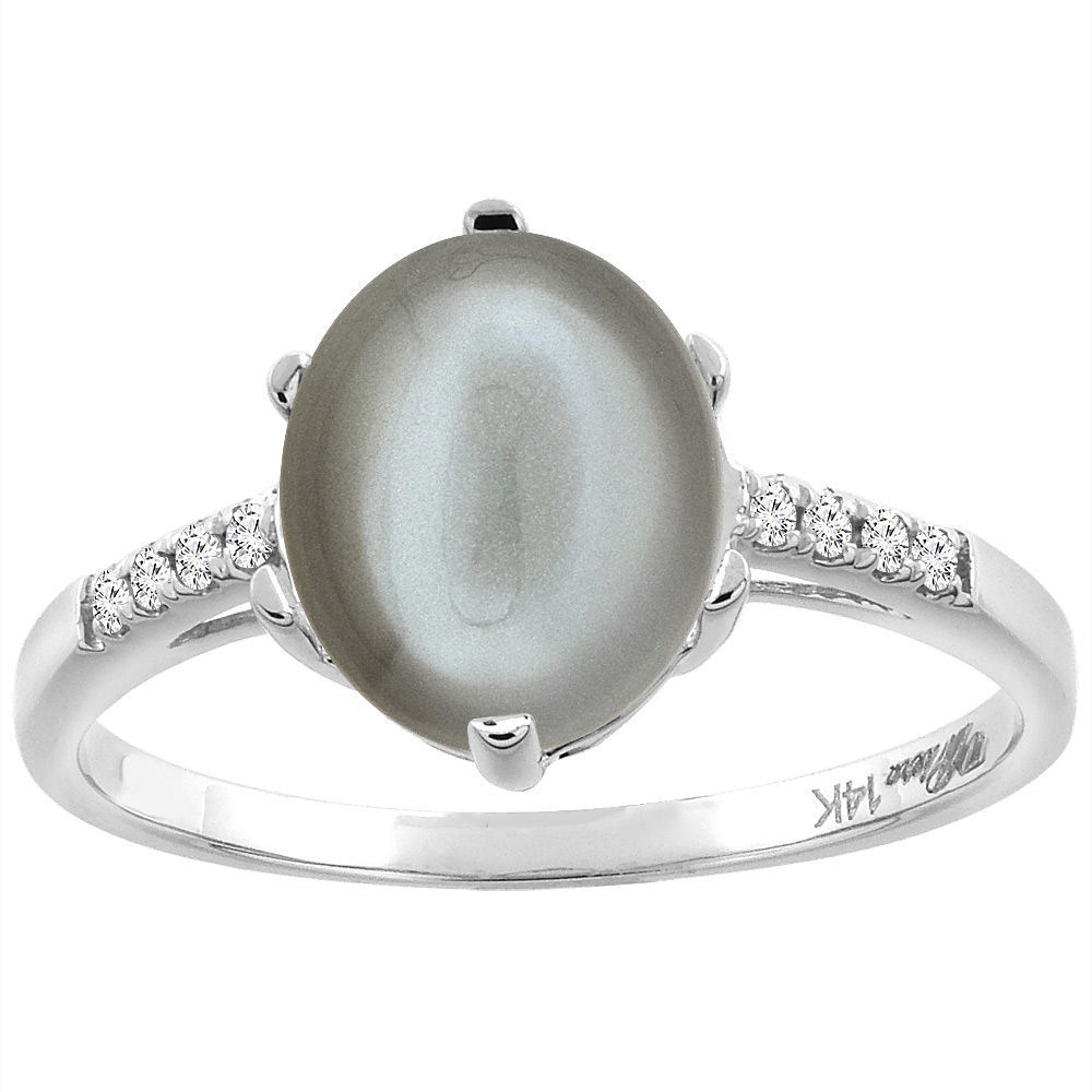 14K White Gold Natural Gray Moonstone &amp; Diamond Ring Oval 10x8 mm, sizes 5-10