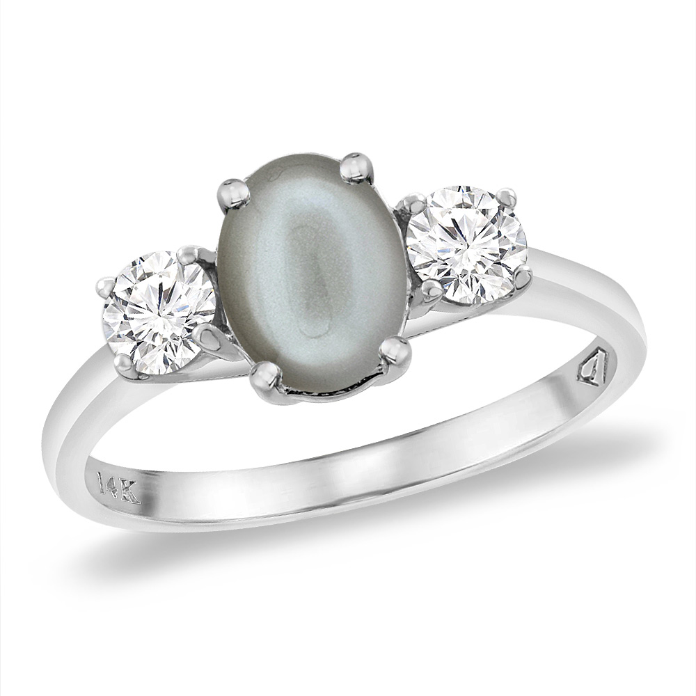 14K White Gold Natural Gray Moonstone &amp; 2pc. Diamond Engagement Ring Oval 8x6 mm, sizes 5 -10