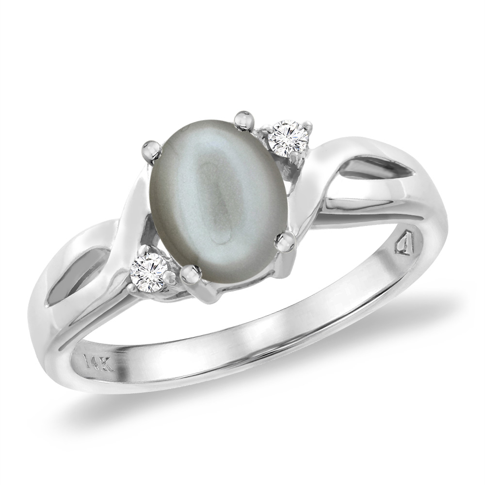 14K White Gold Diamond Natural Gray Moonstone Engagement Ring Oval 8x6 mm, sizes 5 -10