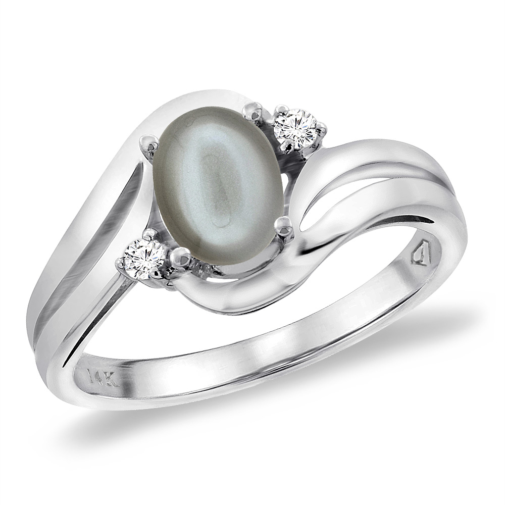 14K White Gold Diamond Natural Gray Moonstone Bypass Engagement Ring Oval 8x6 mm, sizes 5 -10
