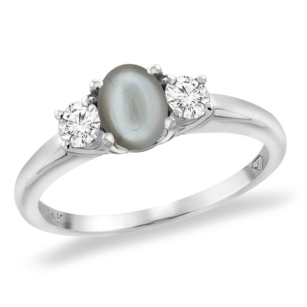 14K White Gold Natural Gray Moonstone Engagement Ring Diamond Accents Oval 7x5 mm, sizes 5 -10