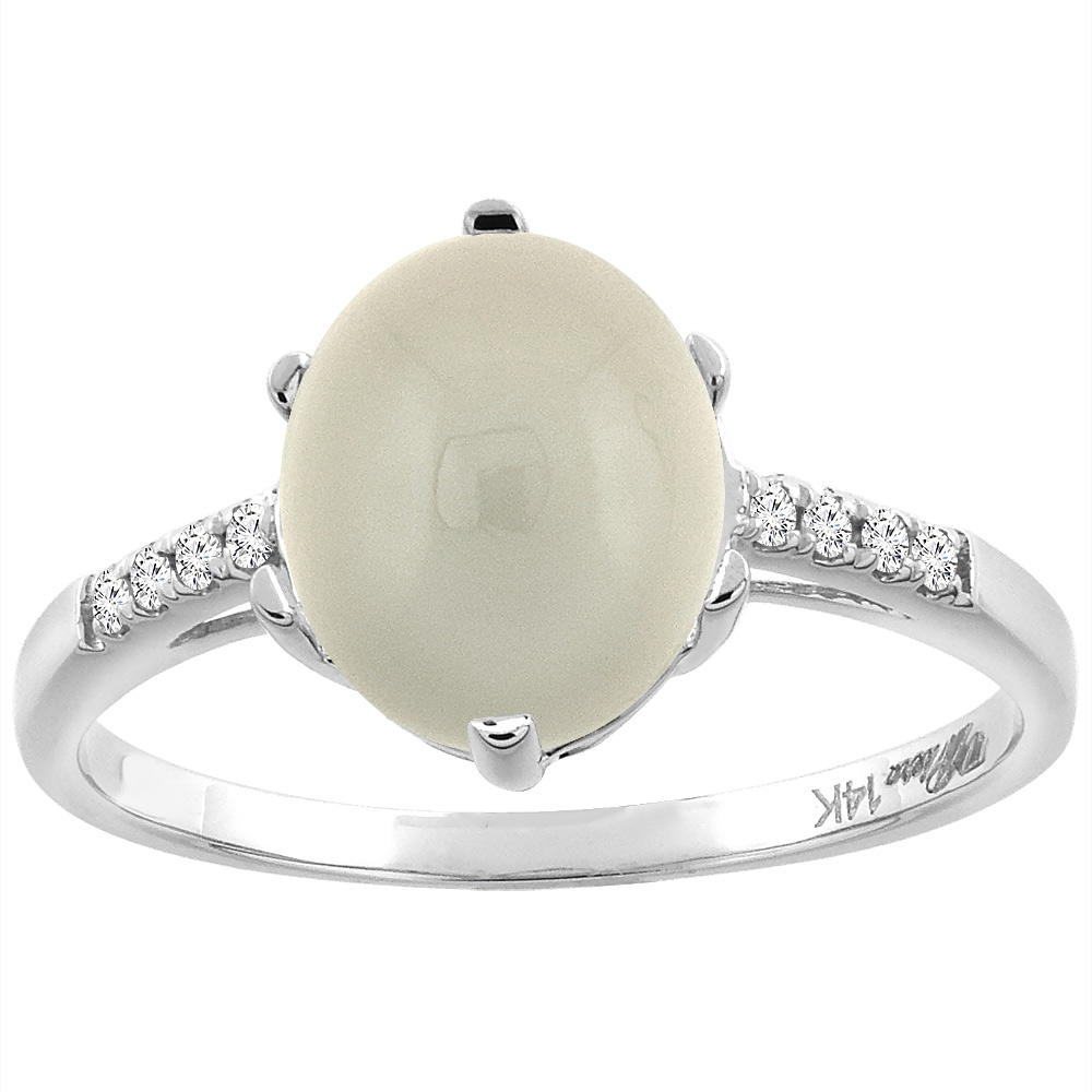 14K White Gold Natural Light Gray Moonstone &amp; Diamond Ring Oval 10x8 mm, sizes 5-10