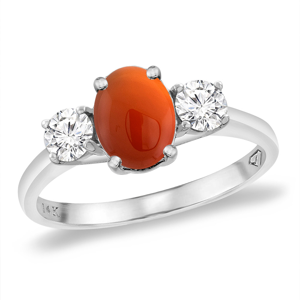 14K White Gold Natural Brown Agate &amp; 2pc. Diamond Engagement Ring Oval 8x6 mm, sizes 5 -10