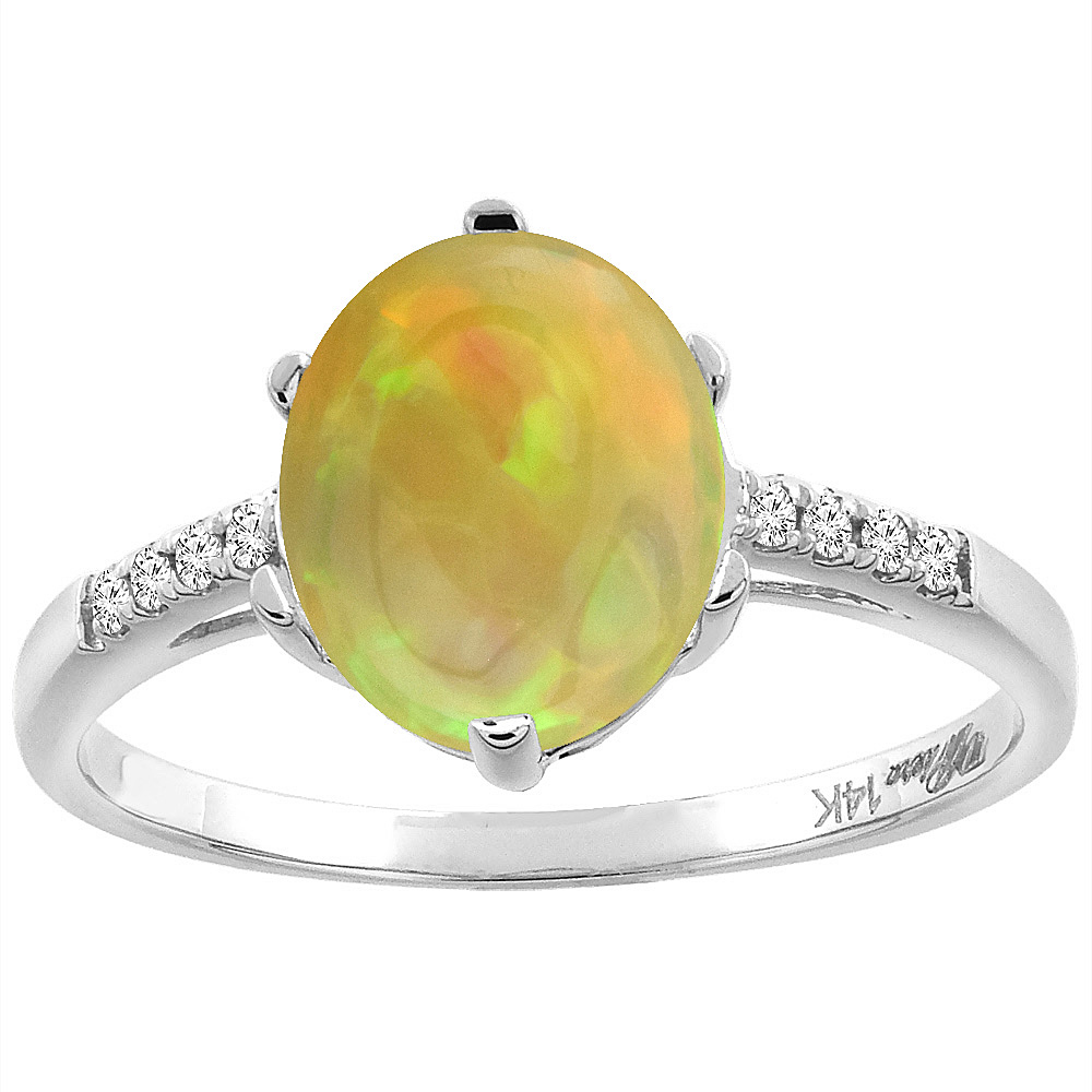 14K White Gold Natural Ethiopian Opal & Diamond Engagement Ring Oval 10x8 mm, size 5-10