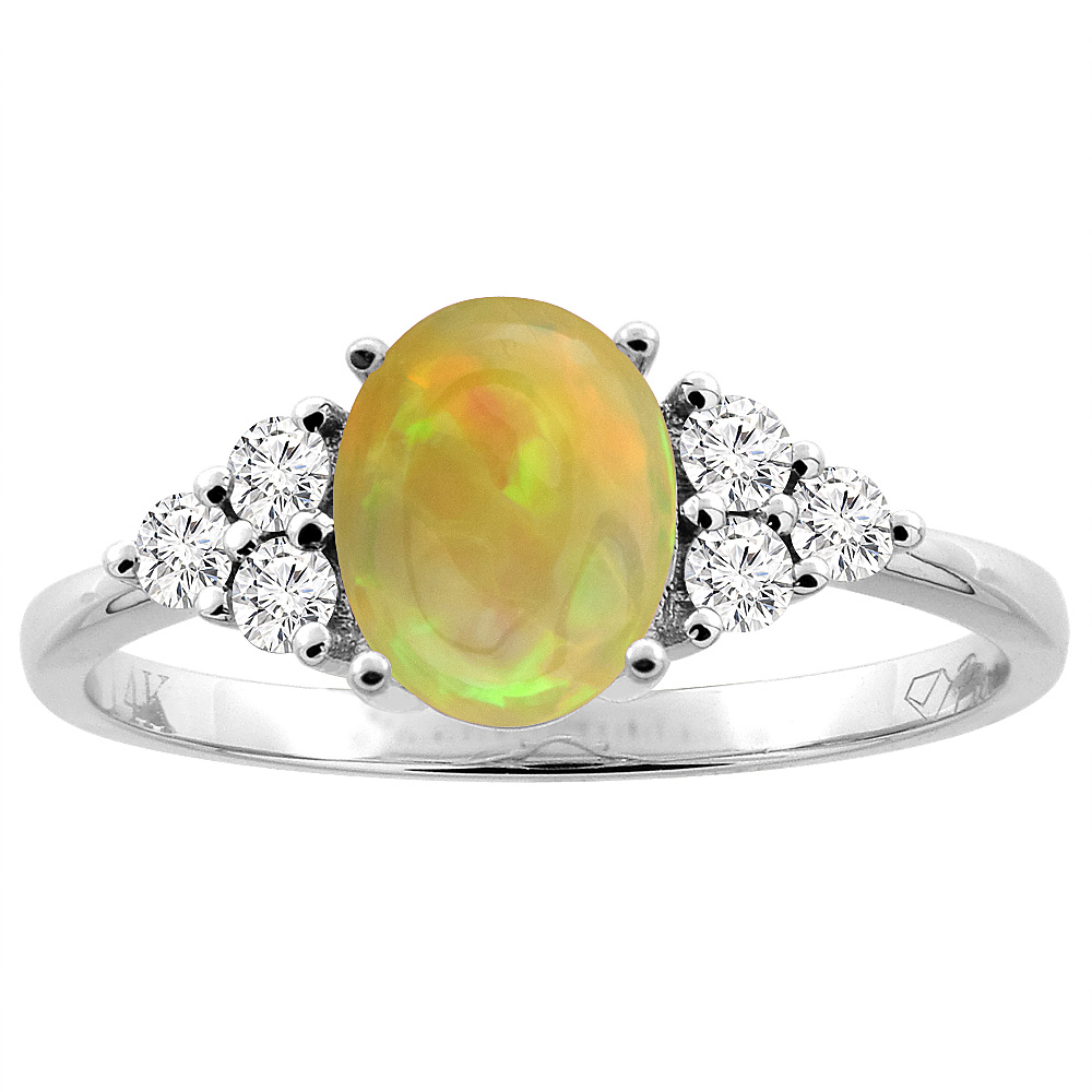 14K Gold Diamond Natural Ethiopian Opal Engagement Ring Oval 8x6 mm, size 5 - 10