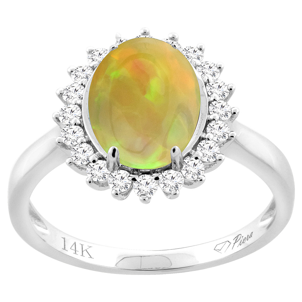 14K White Gold Diamond Natural Ethiopian Opal Engagement Ring Oval 10x8mm, size 5-10