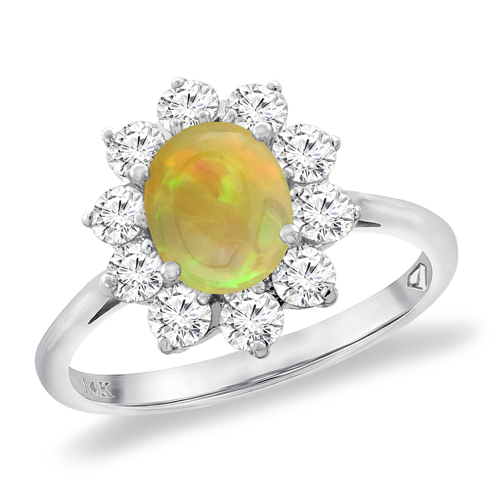 14K White Gold Diamond Natural Ethiopian Opal Engagement Ring Oval 8x6 mm, sizes 5 -10