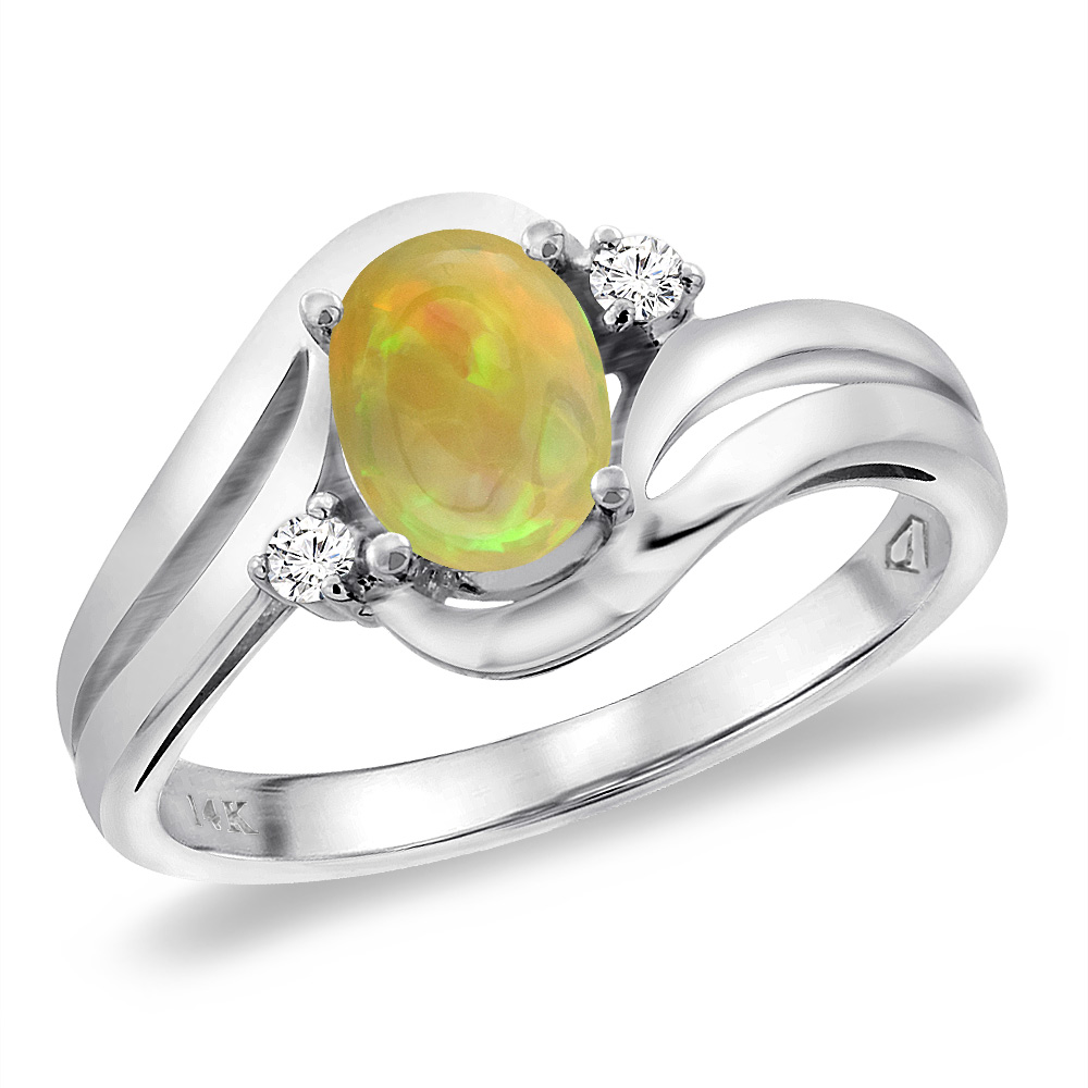 14K White Gold Diamond Natural Ethiopian Opal Bypass Engagement Ring Oval 8x6 mm, sizes 5 -10