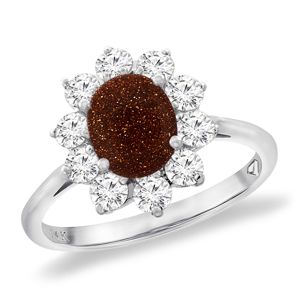 14K White Gold Diamond Natural Goldstone Engagement Ring Oval 8x6 mm, sizes 5 -10