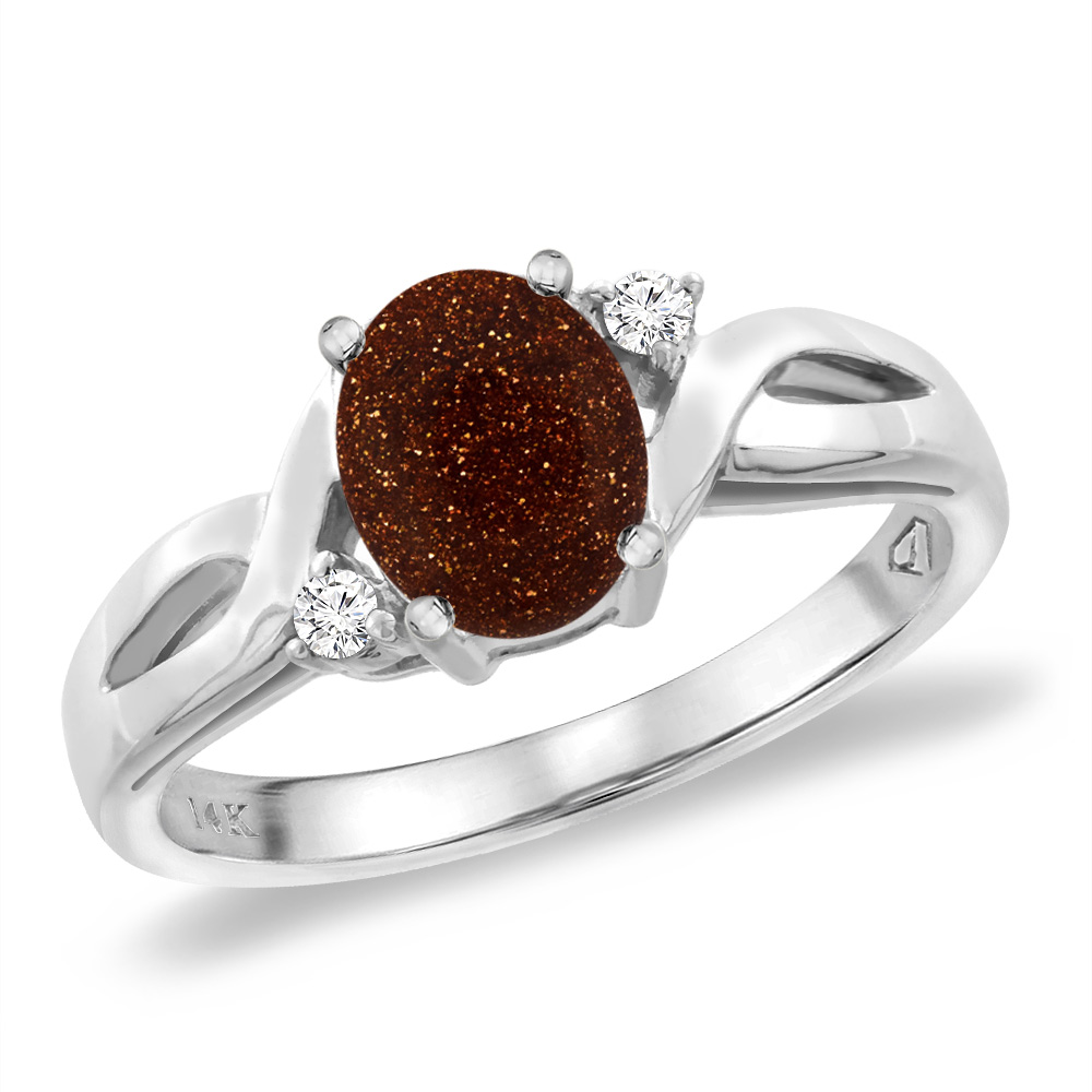 14K White Gold Diamond Natural Goldstone Engagement Ring Oval 8x6 mm, sizes 5 -10