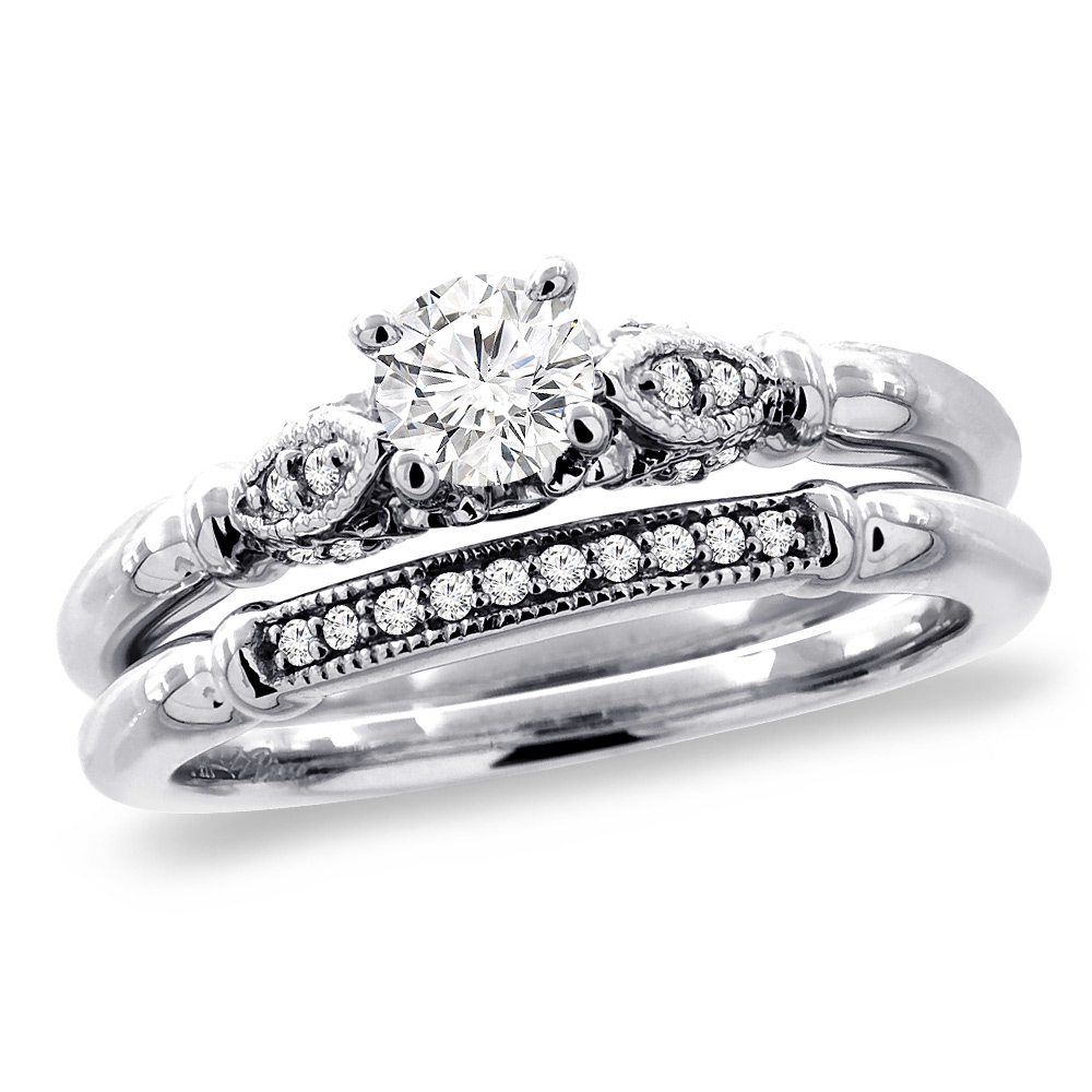 14K White Gold 0.25 ct Cubic Zirconia 2pc Engagement Ring Set Round 4 mm, sizes 5 - 10