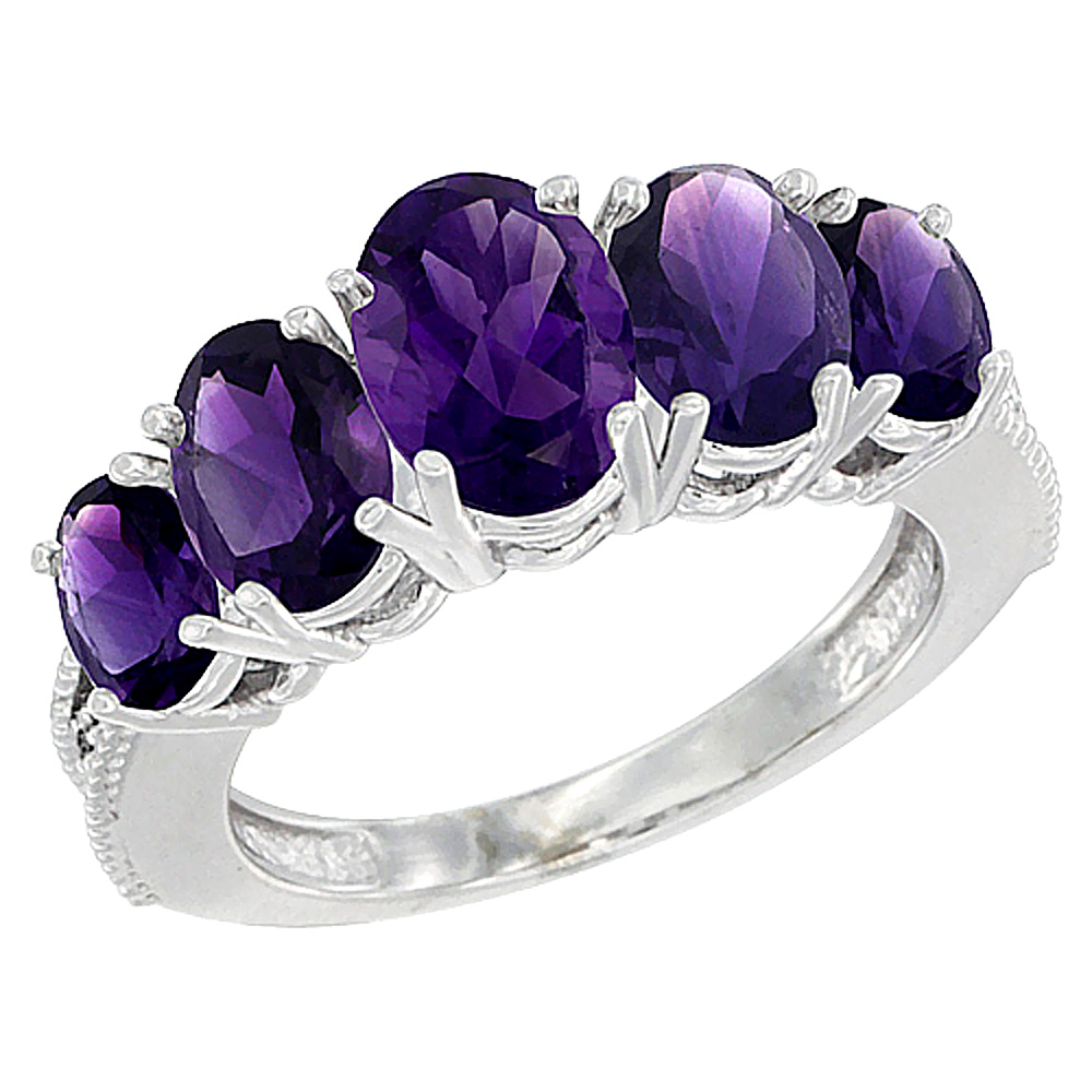 10K White Gold Diamond Natural Amethyst Ring 5-stone Oval 8x6 Ctr,7x5,6x4 sides, sizes 5 - 10