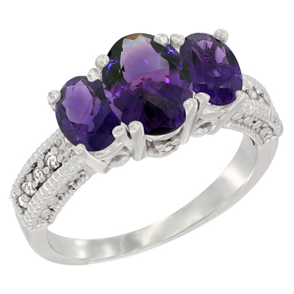 14K White Gold Diamond Natural Amethyst Ring Oval 3-stone, sizes 5 - 10