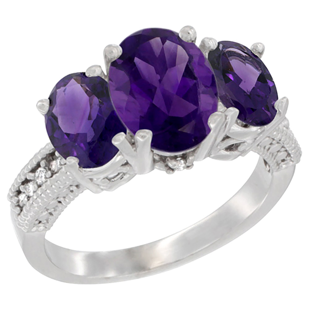 14K White Gold Diamond Natural Amethyst Ring 3-Stone Oval 8x6mm, sizes5-10