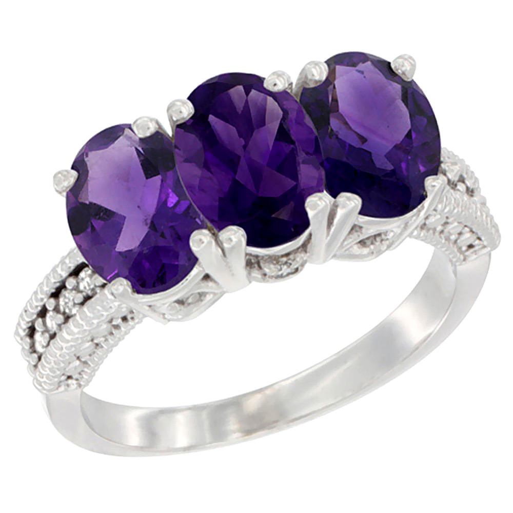 14K White Gold Natural Amethyst Ring 3-Stone 7x5 mm Oval Diamond Accent, sizes 5 - 10
